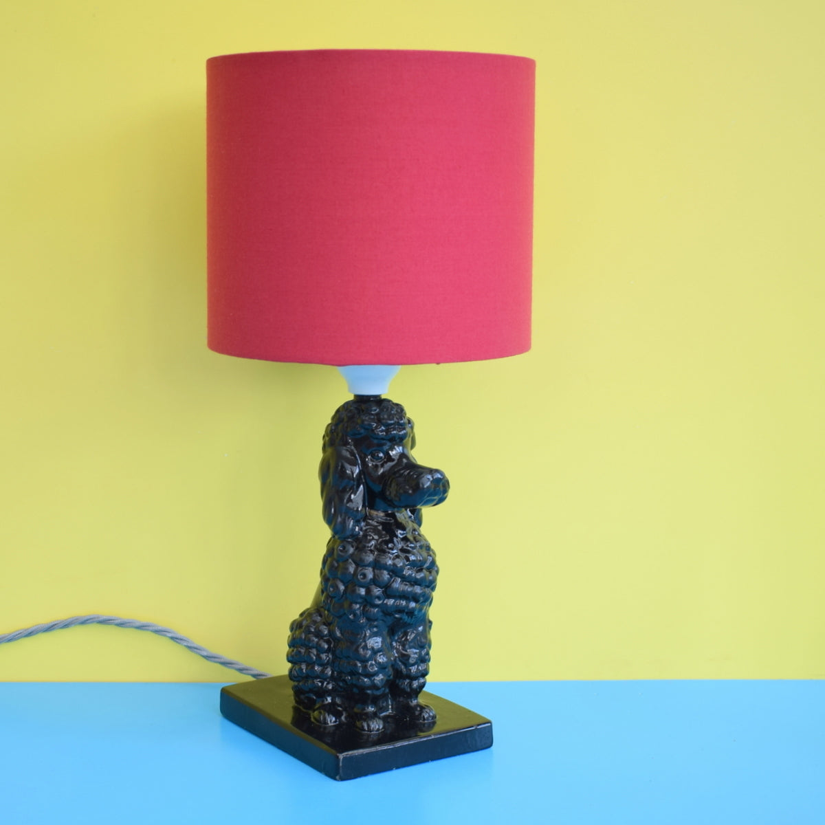 Vintage 1950s Ceramic Poodle Lamp & Shade - Black & Red