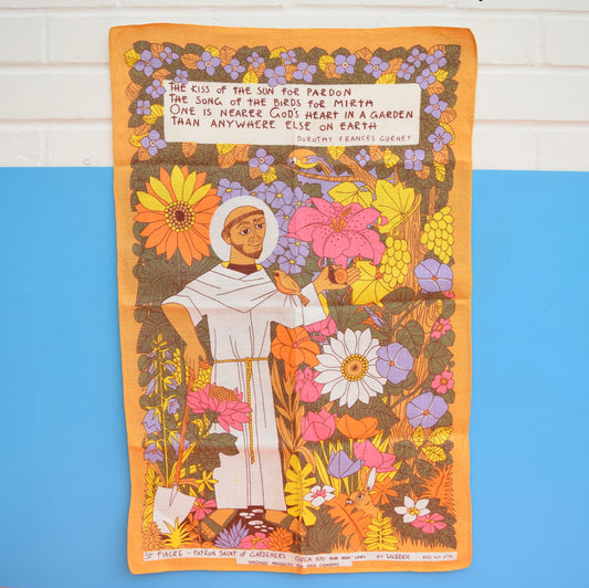 Vintage 1960s Cotton Tea Towel - Saint of Gardeners - Flower Power