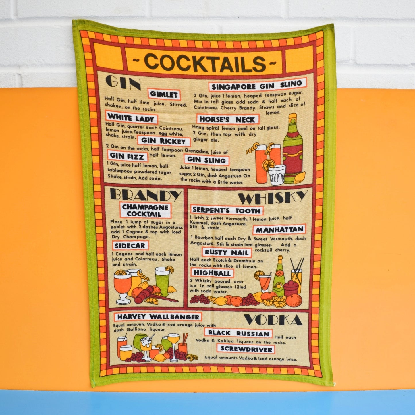 Vintage 1970s Tea Towel - Cocktails