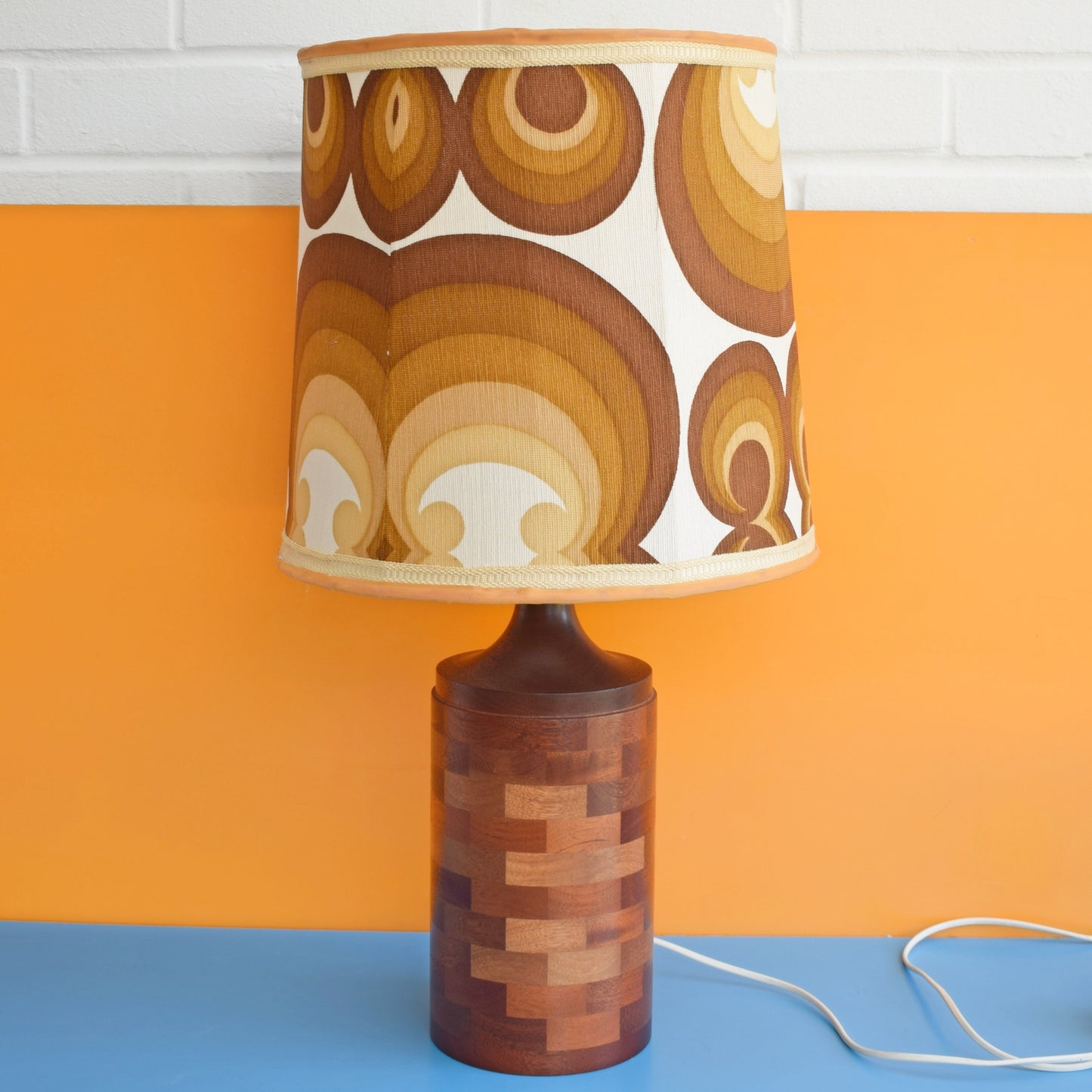 Vintage 1970s Wooden Lamp & Shade - Brown