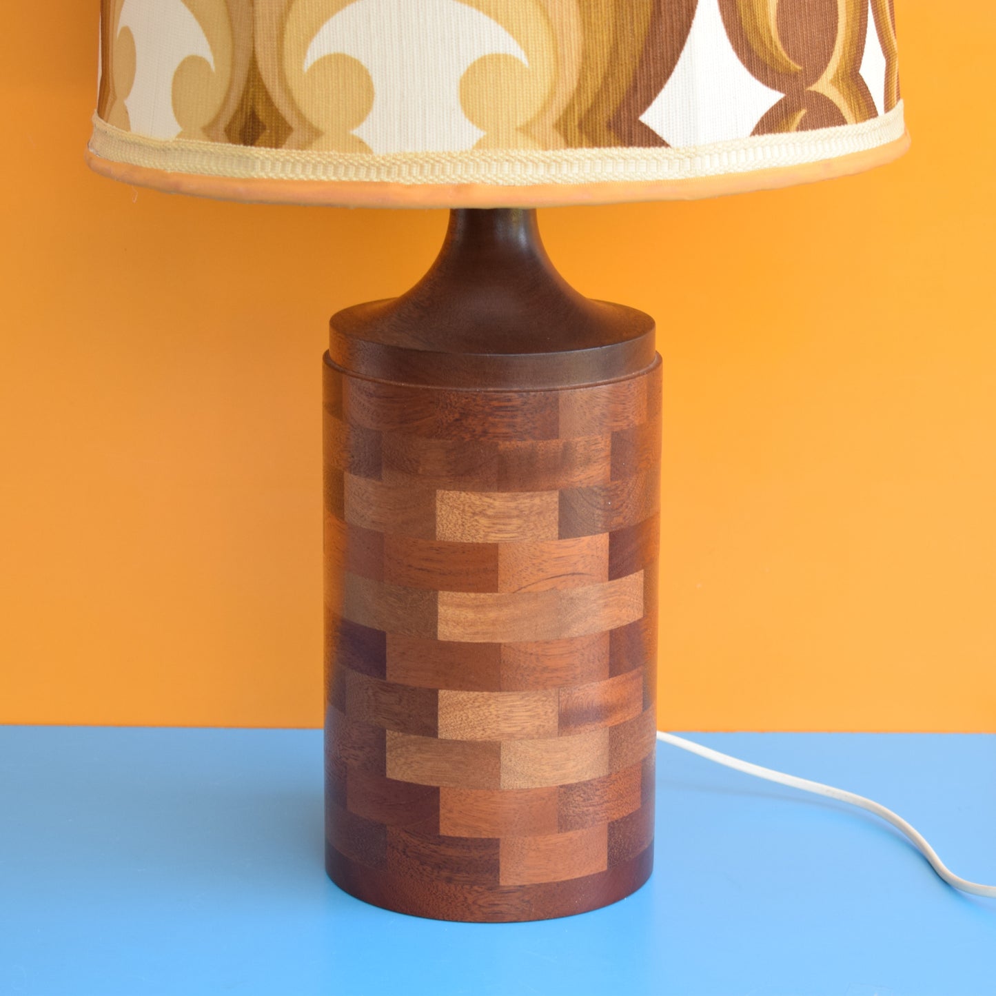 Vintage 1970s Wooden Lamp & Shade - Brown