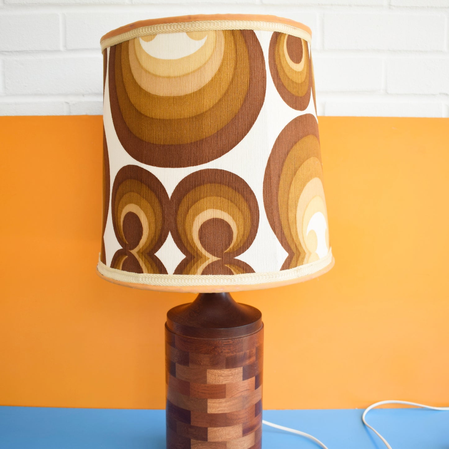 Vintage 1970s Wooden Lamp & Shade - Brown