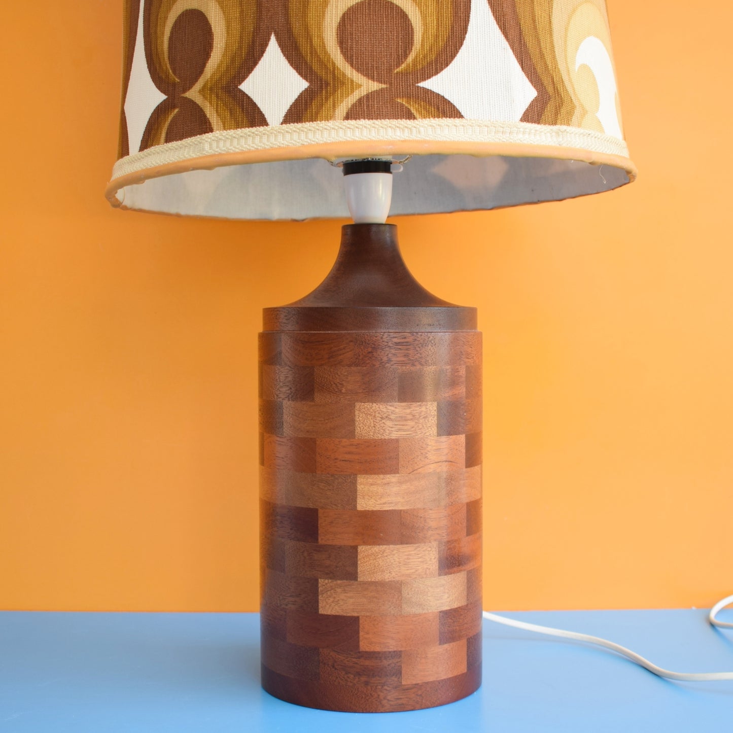 Vintage 1970s Wooden Lamp & Shade - Brown