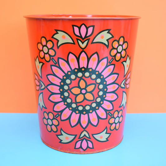 Vintage 1960s Metal Waste Paper Bin - Red & Pink Flower Power