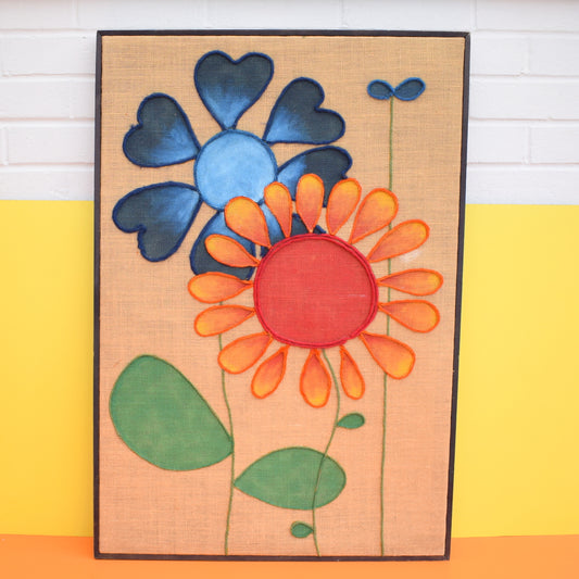 Vintage 1960s Large Swedish Hessian Collage Picture / Painting - Flower Power