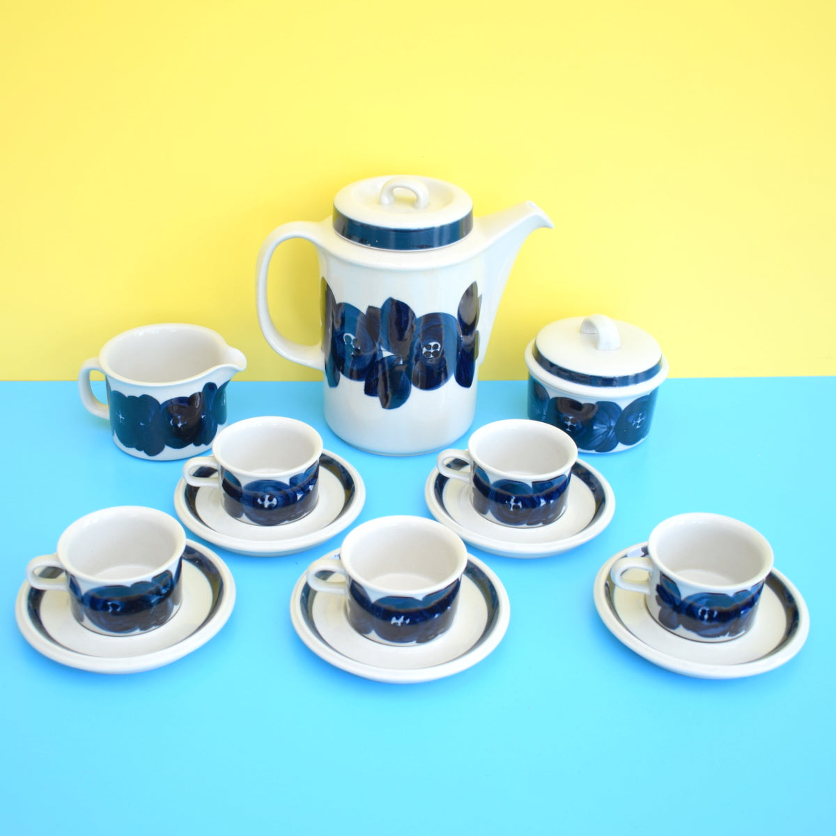 Vintage 1960s Arabia Anemone Pattern Coffee Set - Finland - Blue