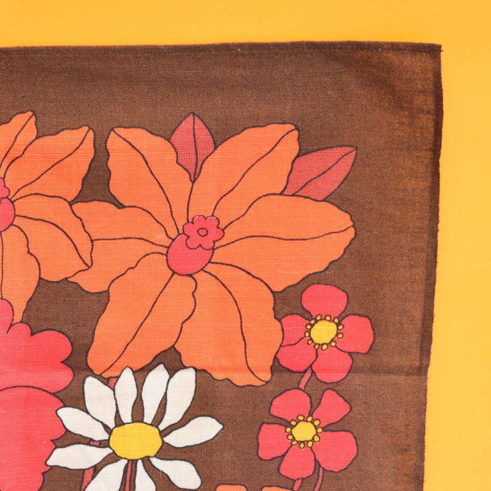 Vintage 1960s Cotton Tea Towel - Flower Power - Red, Orange & Yellow
