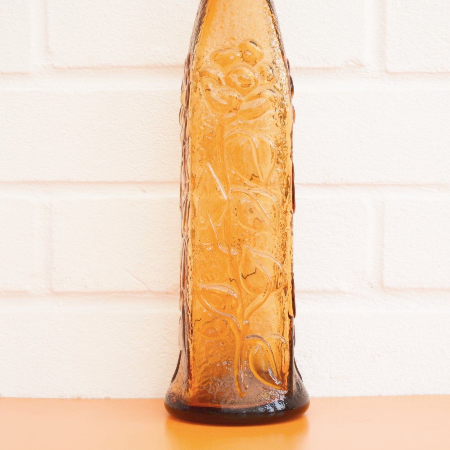 Vintage 1960s Italian Glass Genie Bottle/ Vase - Amber Flower