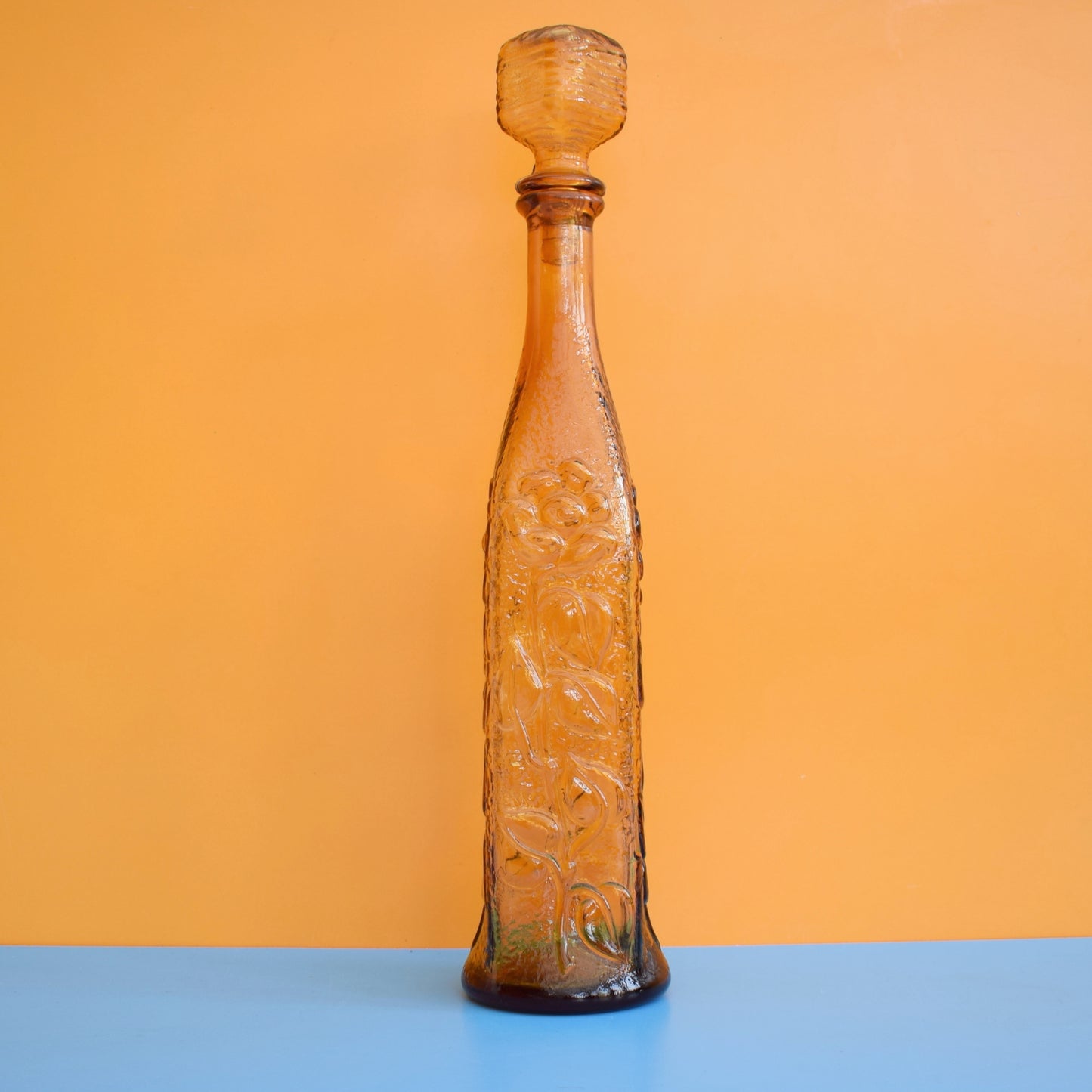 Vintage 1960s Italian Glass Genie Bottle/ Vase - Amber Flower