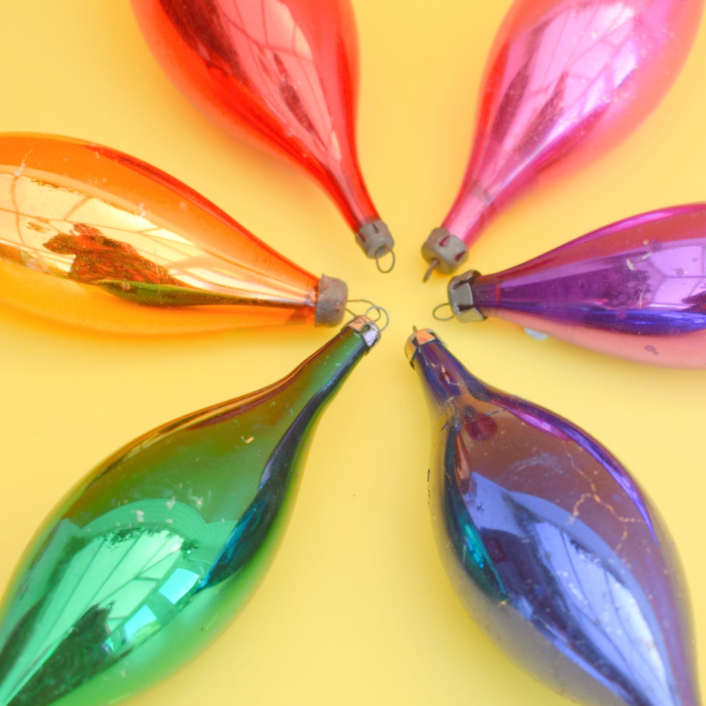 Vintage 1960s Teardrop Glass Christmas Baubles -Rainbow