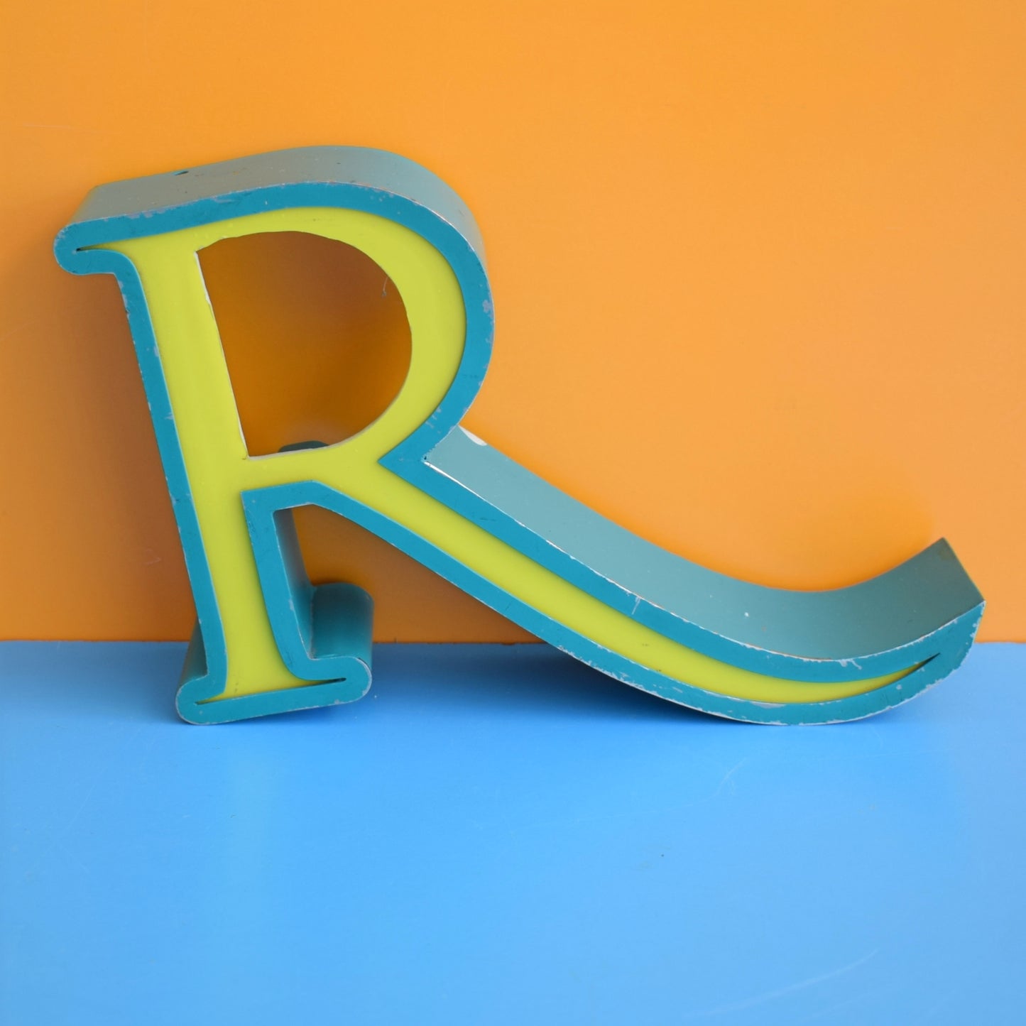 Vintage Metal Shop Box Letter R - Teal & Lime