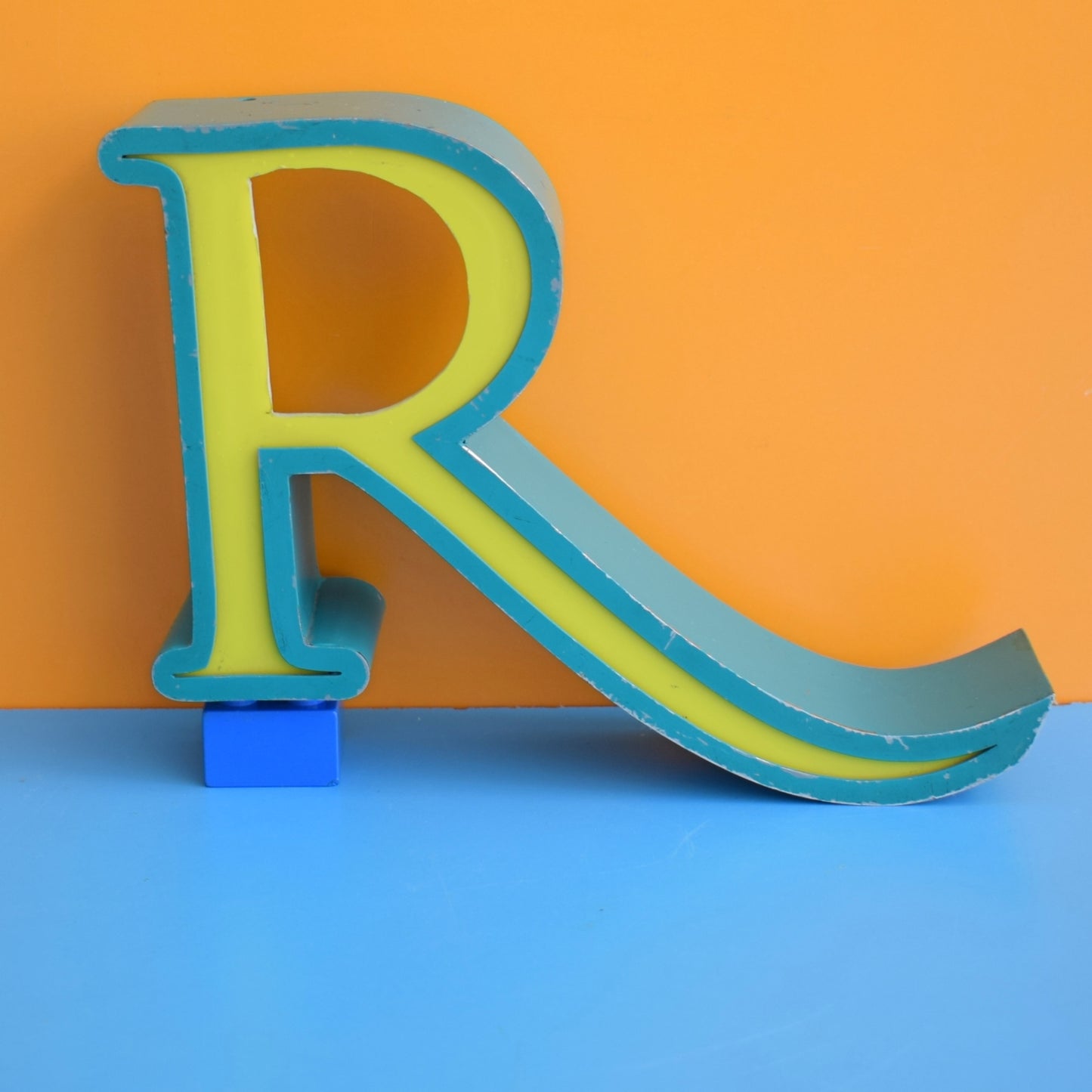 Vintage Metal Shop Box Letter R - Teal & Lime