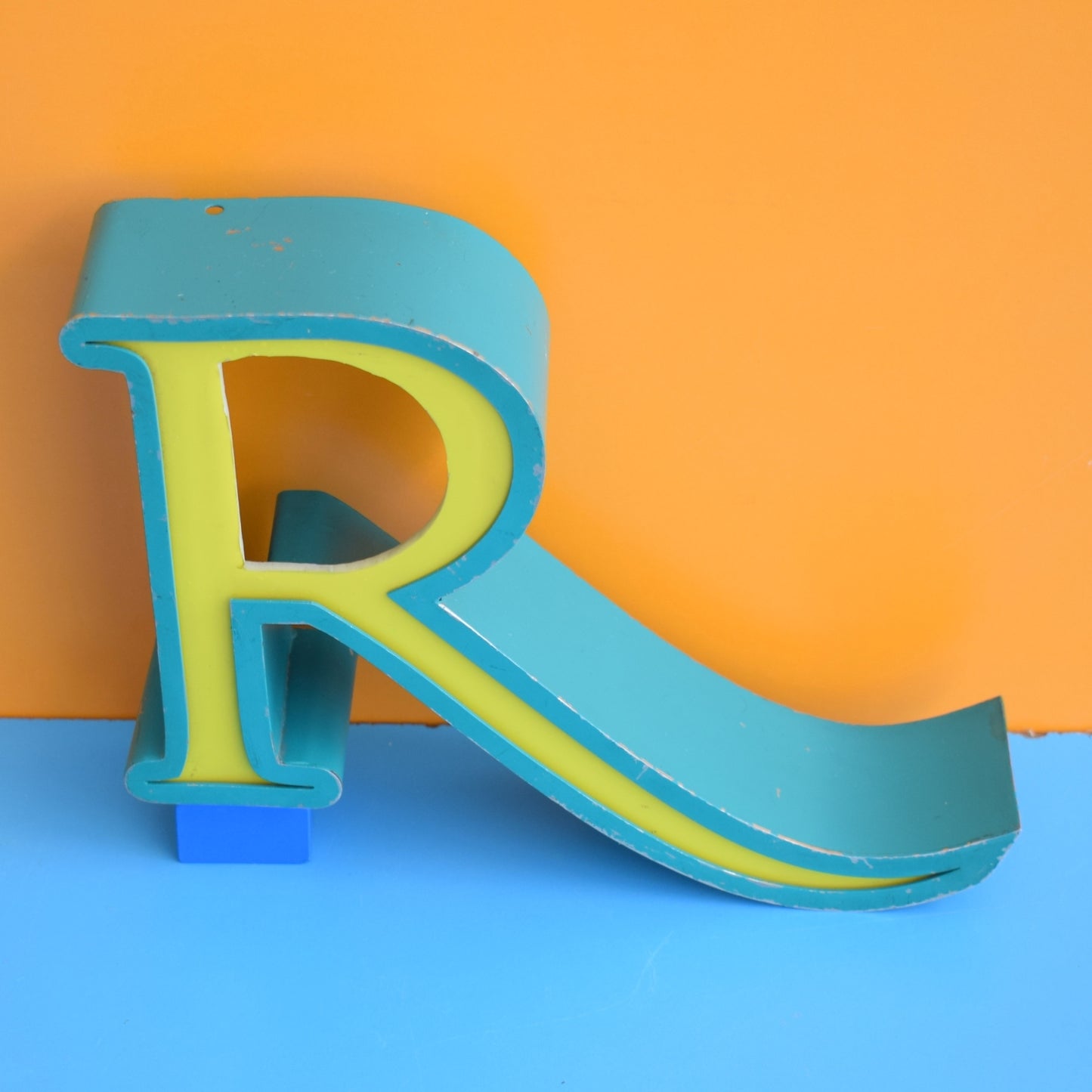 Vintage Metal Shop Box Letter R - Teal & Lime