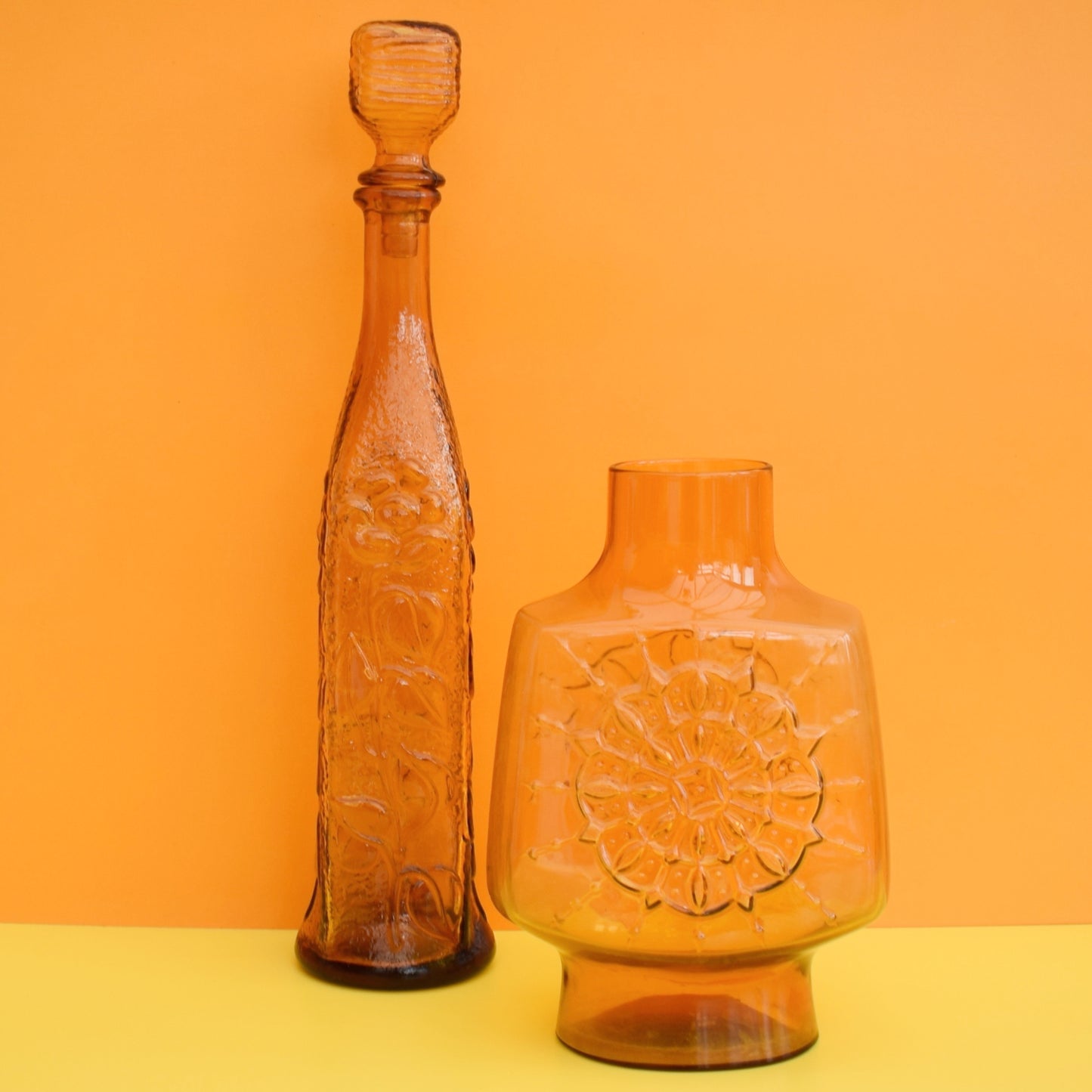 Vintage 1960s Italian Glass Genie Bottle/ Vase - Amber Flower