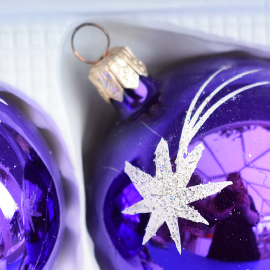 Vintage 1980s Glass Christmas Baubles - Boxed - Purple