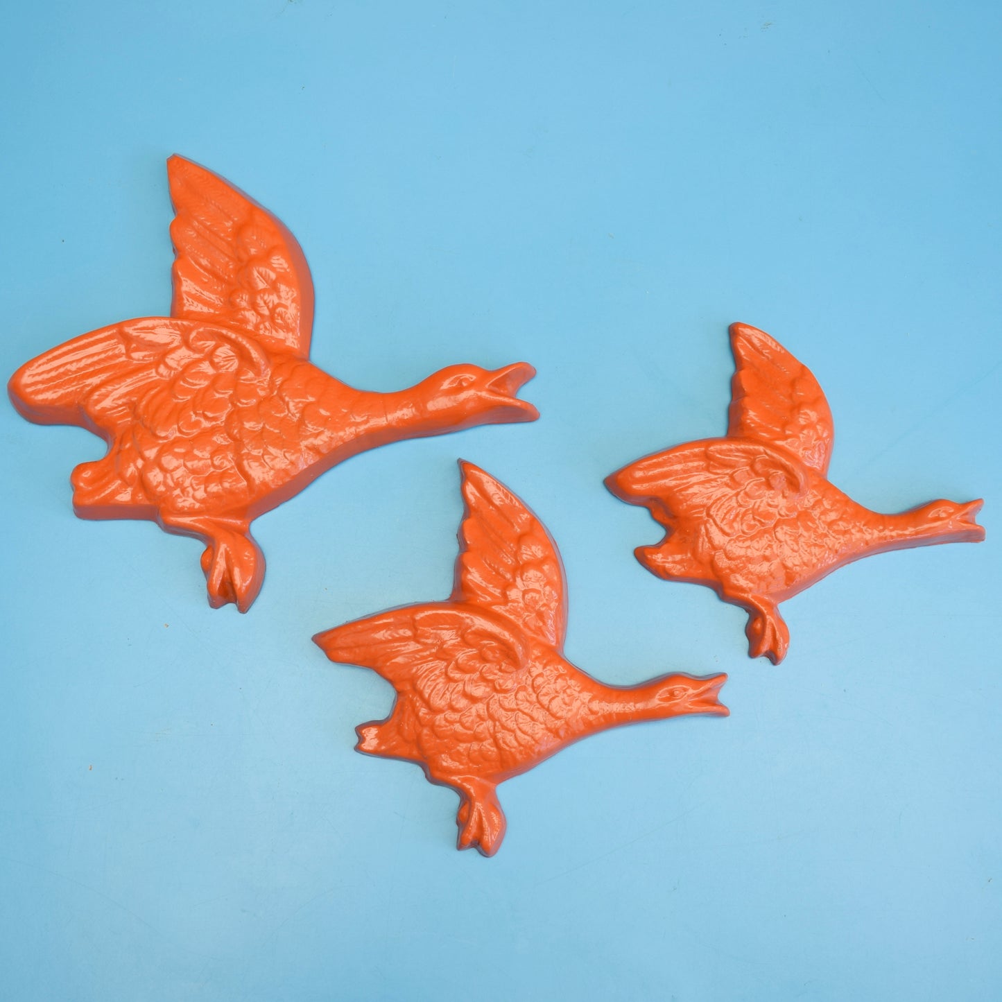 Vintage 1970s Plaster Flying Ducks - Wall Decor - Orange