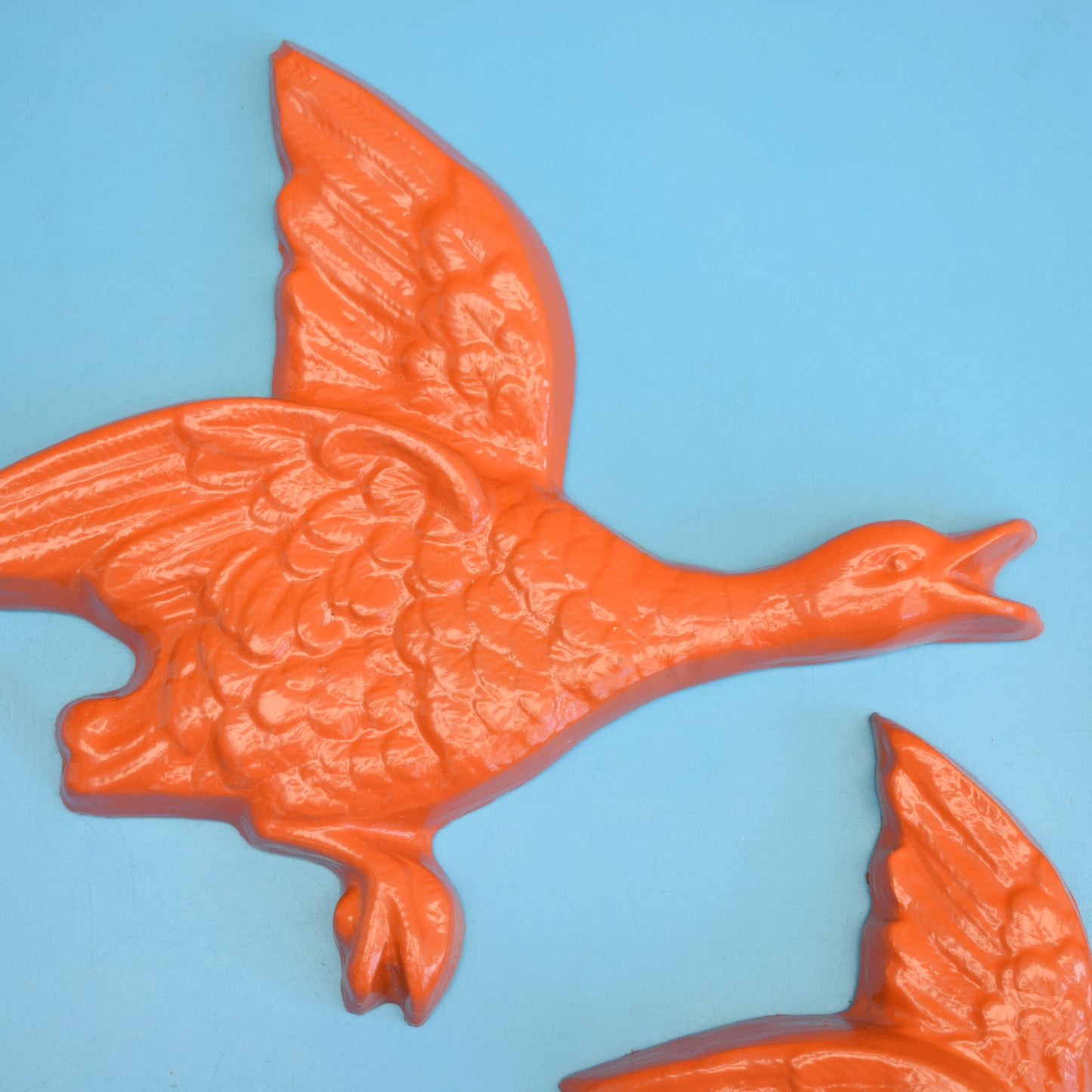 Vintage 1970s Plaster Flying Ducks - Wall Decor - Orange