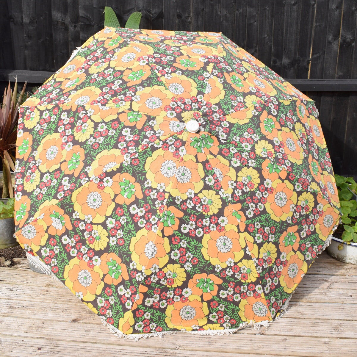 Vintage 1960s Large Folding Garden Parasol & Sun Lounger - Flower Power -  Light Orange & Green With Fringe